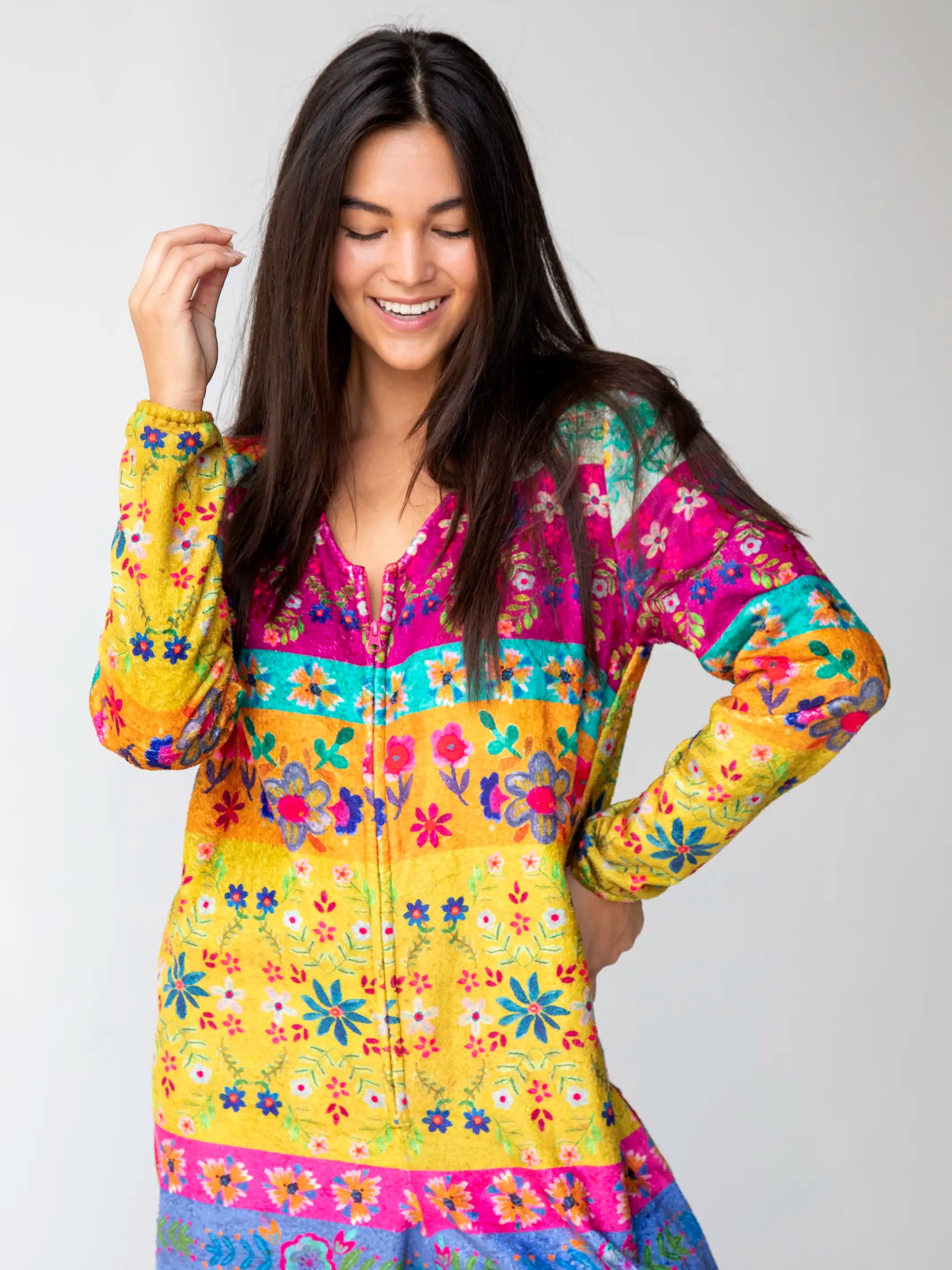 Fleece Onesie Pajamas - Magenta Floral Border